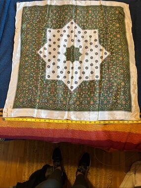 Green Floral 100% Silk Scarf with White Center Medallion